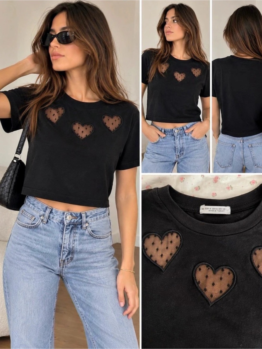Black Cropped T-Shirt with Sheer Heart Details